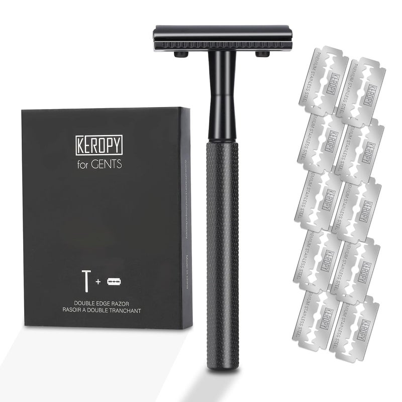 Keropy Eco-Friendly Safety Razor With 10 Premium Stainless Steel Blade Safety Razors For Men Shaving Razor, Smooth Wet Shave Experience, Gun Black - Image 1
